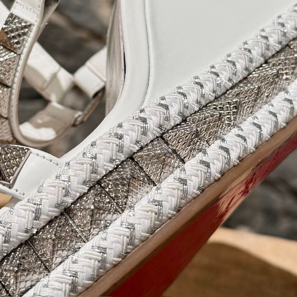 Christian Louboutin White Leather Studded Pyraclou Wedge 110 Sandals - Picture 14 of 15